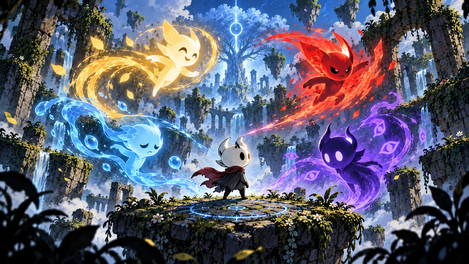 Guide artwork — Mono standing between four colored emotion spirits