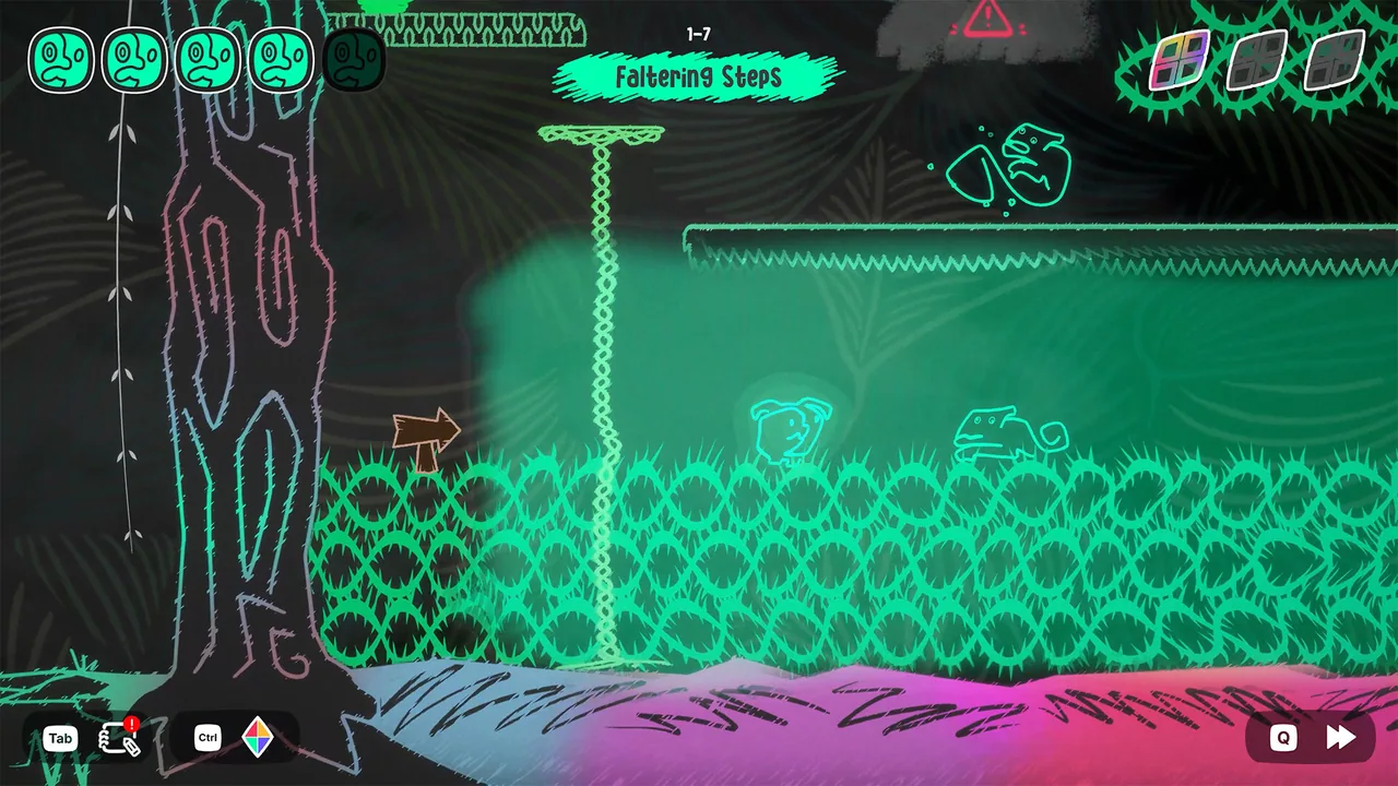 Mono on a jungle route of sawtooth ledges with spike clusters on both sides and a rope climb through the middle of the room