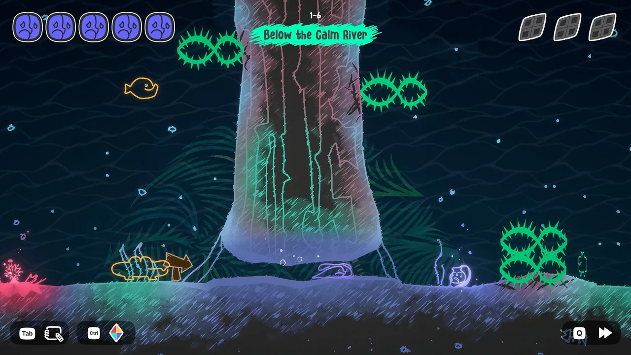 Mono in an underwater passage with rising bubbles, floating mines and a white rock pillar